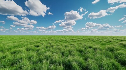 Fototapeta premium Vast Green Field Under Bright Blue Sky with Fluffy White Clouds