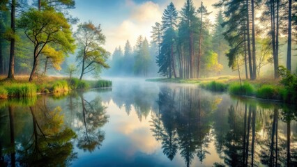 Obraz premium Forest Pond Foggy Morning Misty Atmosphere, peaceful, natural, peaceful, natural, serene, outdoor, calm, tranquility