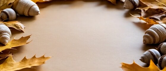 Autumnal Flat Lay  Thanksgiving Background with Shells   Leaves