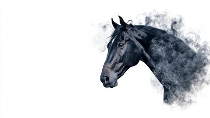 Majestic Black Horse Surrounded by Ethereal Smoke on White Background