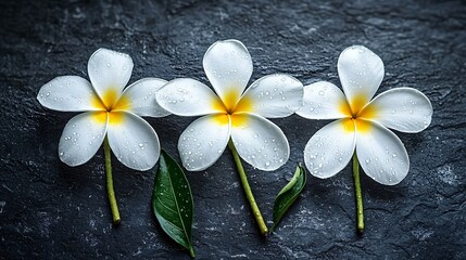 Three white plumeria flowers on dark stone. Spa, wellness, serenity