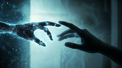 Fototapeta premium Futuristic digital hands reaching, glowing neon blue lighting, sci-fi technology concept, artificial intelligence connection