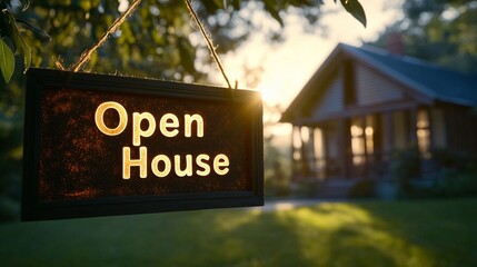 An open house banner in the foreground, with a subtle outline of a house in the background, real estate new listings concept