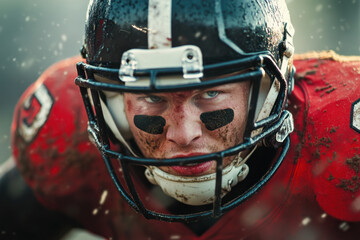 Intense American football player focused on game, wearing helmet and uniform, with dirt on his face and determined expression