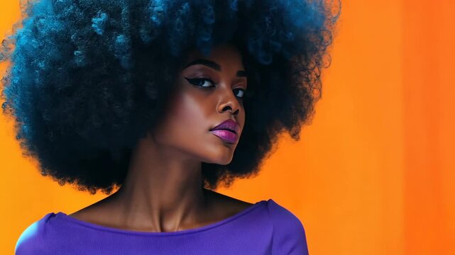 Vibrant portrait of fashionable woman with afro hair against bright orange background