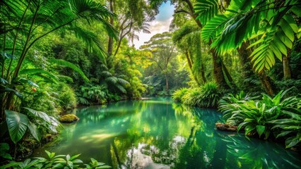 Obraz premium Dense foliage surrounds a serene tranquil pond amidst a lush vibrant green jungle landscape featuring organic leafs and tree branches