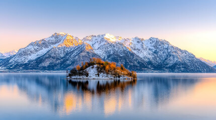 Snowy mountain lake island sunrise calm winter reflection postcard