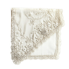 Delicate Lace Handkerchief with Floral Embroidery Isolated on Transparent Background