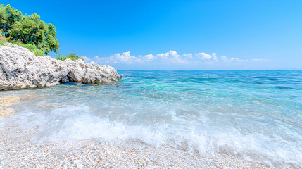 Sunny beach, turquoise water, rocky shore, clear sky, summer vacation