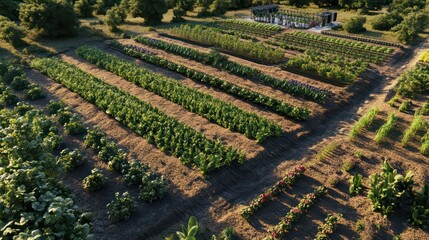 panoramic view of vegetable plantation taken by drone, rows of various vegetables,