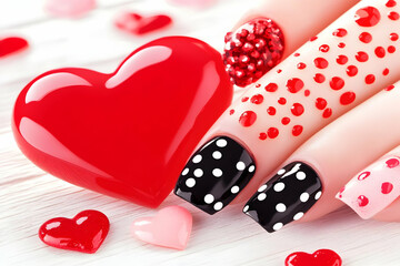 Festive Nail Art Design Displays Red, Black, and White Polka Dots with Heart Decorations