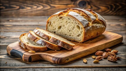 A freshly baked traditional walnut sourdough loaf, cut into thick slices on a natural wooden board, revealing the soft interior and crunchy edges of the bread , bread, sourdough