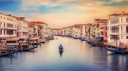 Fototapeta premium Gondola sails down a picturesque canal in Venice at sunset with historic buildings lining the waterway.