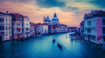 Naklejka premium Gondolas glide through the Grand Canal at twilight, with historic Venetian buildings lining the waterway beautifully.