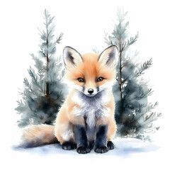 Obraz premium Watercolor Fox Cub Sits Peacefully Amidst Snowy Evergreen Trees in Winter Wonderland