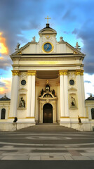 Obraz premium Majestic Church Stands Tall with Golden Accents and Statues Under a Dramatic Sky at Sunset.