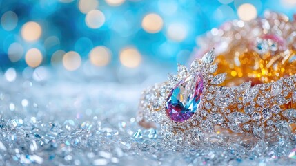 Sparkling jeweled crown on gems, bokeh background, royalty, luxury