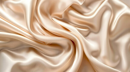 Obraz premium Smooth beige satin fabric draped elegantly, showcasing soft folds and subtle sheen, ideal for textile design