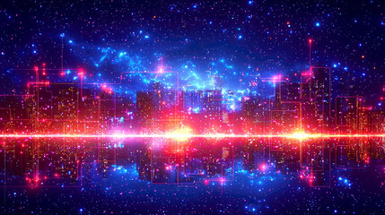 Obraz premium Futuristic Cityscape: Digital Metropolis at Night, Illuminated by Vibrant Colors and Cosmic Energy