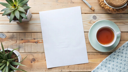 Blank White Paper on Wooden Table with Tea and Plants