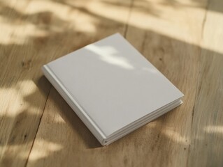 Fototapeta premium Blank White Book Resting on Wooden Floor with Soft Natural Light and Shadow Play Mockup Presentation