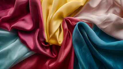 Colorful silk fabric draped in intricate folds, showcasing vibrant hues and smooth textures