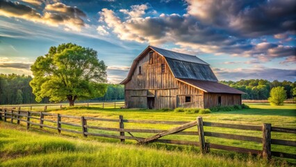 Rural landscape with a rustic barn standing in front of fields and trees, surrounded by a fence , agriculture