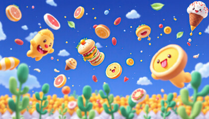 Fototapeta premium Happy Food Characters Floating In A Blue Sky