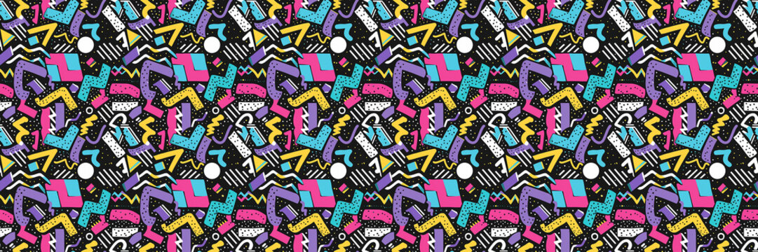 Seamless pattern with geometric shapes in the style. Multicolored vintage background with triangles, circles and squares for textile, fabric and Sudanese fabric art.