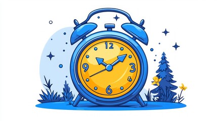 Blue alarm clock in nature, morning time management concept