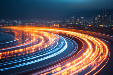 Dynamic cityscape with glowing light trails