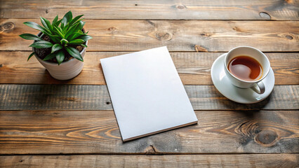 Blank White Paper on Wooden Table with Tea and Plants