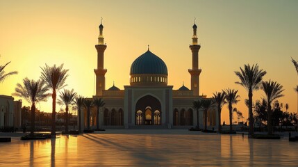 Majestic Mosque at Sunset: A serene place of worship in golden light