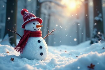 Obraz premium Snowman in winter woods with snowflakes falling, snowy, frosty, peaceful