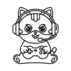 Cute Gamer Cat Line Art Illustration – Kawaii Cat with Headset and Game Controller