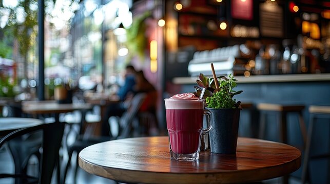 Beetroot latte art served on a cafe table, cozy coffee shop atmosphere