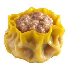 A graphic rendering of a single dim sum shumai, with an open-top, showcasing a golden-yellow wrapper delicately folded around a plump meat filling, transparent background, PNG