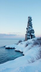 Snowy Hudson Bay shoreline with Inukshuk landmark, frozen lake, landmark
