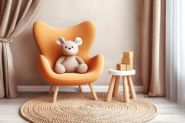 Cozy Playroom with Orange Chair and Teddy Bear Sits Calmly in the Chair in a Bright Room with Toys