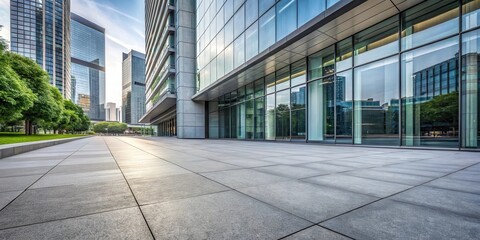 Fototapeta premium A sleek grey concrete sidewalk with subtle cracks and crevices leading up to a modern glass building, urban design, cityscape