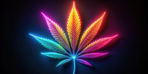 Neon glowing cannabis leaf on black background with vibrant colors, neon light
