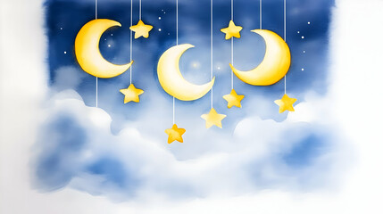 Whimsical Watercolor Illustration of Crescent Moons and Stars Hanging in a Dreamy Night Sky with Clouds