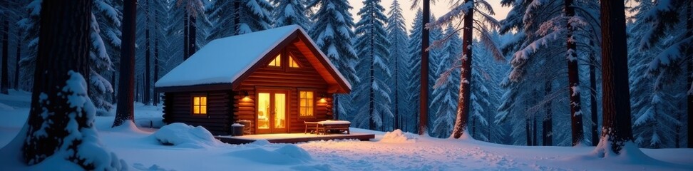 Warm and cozy cabin in the woods with a fireplace and snow-covered roof, fireplace, serene