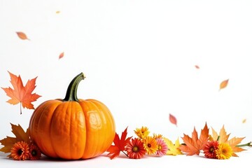 Naklejka premium warm autumn landscape with pumpkin and colorful flowers against a white background, halloween, autumn leaves, background