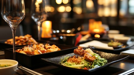 A creative fusion food presentation blending cultural elements, plated elegantly on a modern dining table,