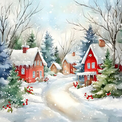 Watercolor Painting Depicts Snow-Covered Village Houses and Trees with Holiday Cheer