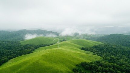 Misty green hills with wind turbines, aerial view, renewable energy