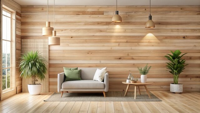 Warm and inviting room with light wood shiplap background in soft beige tone, surrounded by natural textures and earthy tones, earthy tones, natural textures