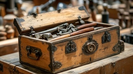 Antique Wooden Tool Chest Filled with Vintage Hand Tools