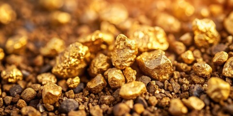 Close-up of rough dirt with small gold nuggets, rugged earthy texture, tiny metallic inclusions, geology, gold ore